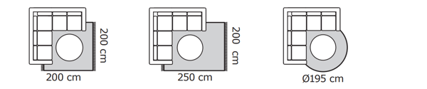 Ritningar av tre sofflayouter med hörnsoffor och rundat bord: 200×200 cm, 250×200 cm och cirkulär uppställning med Ø195 cm.