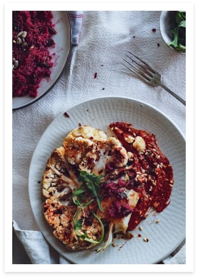 Roasted cauliflower with red pepper cream and sweet peppers