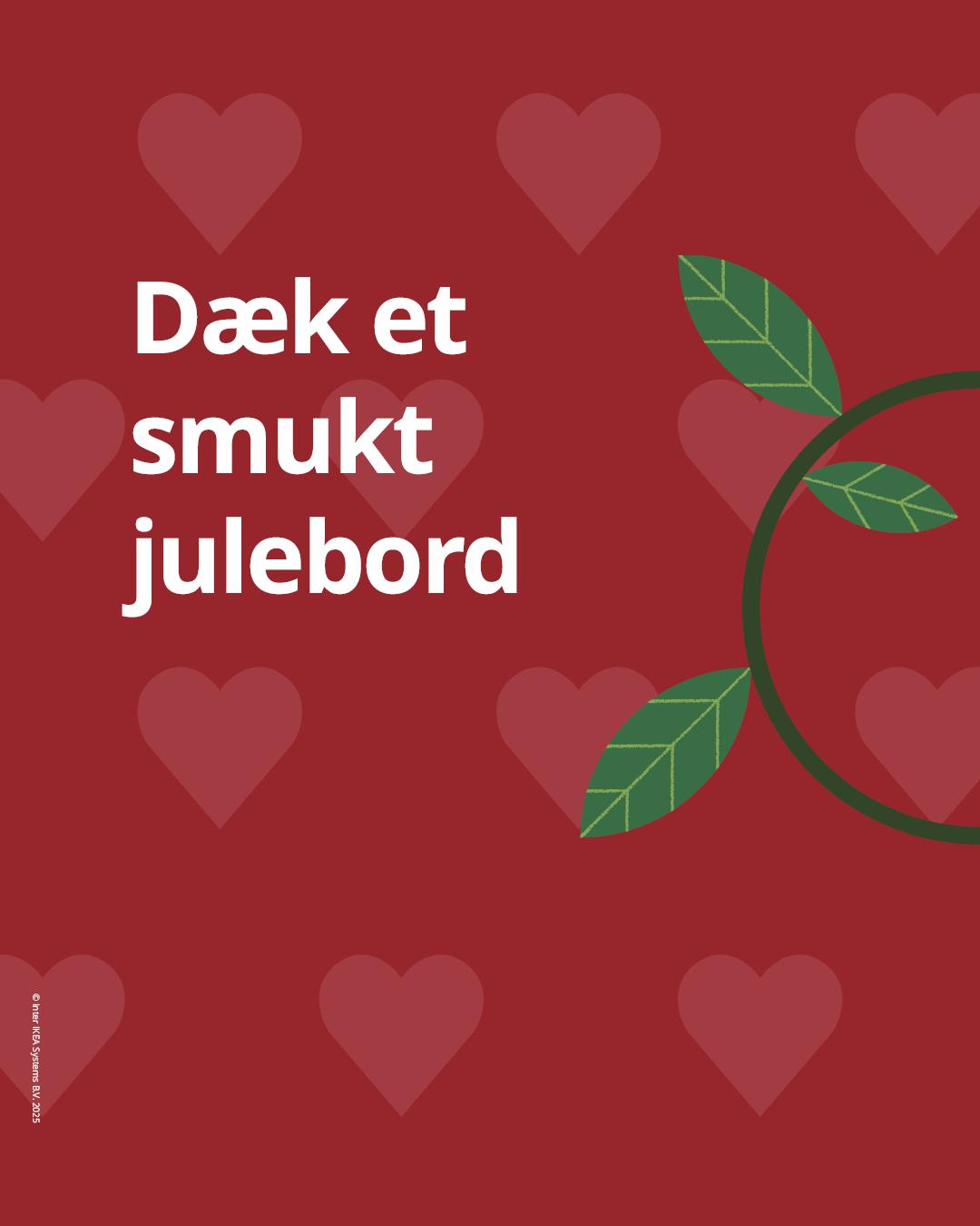 Rød baggrund med grafiske hjerter og grønne blade