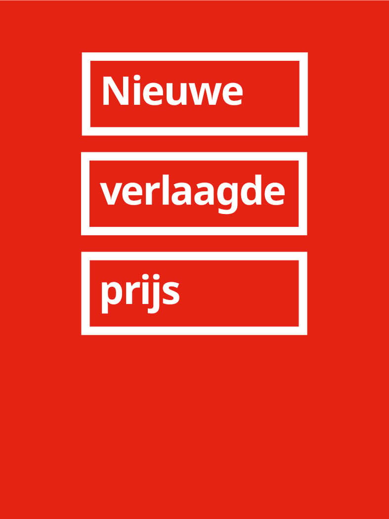 Rode promotiebanner met de witte tekst “Nieuwe verlaagde prijs”, weergegeven in witte kaders op een effen rode achtergrond.