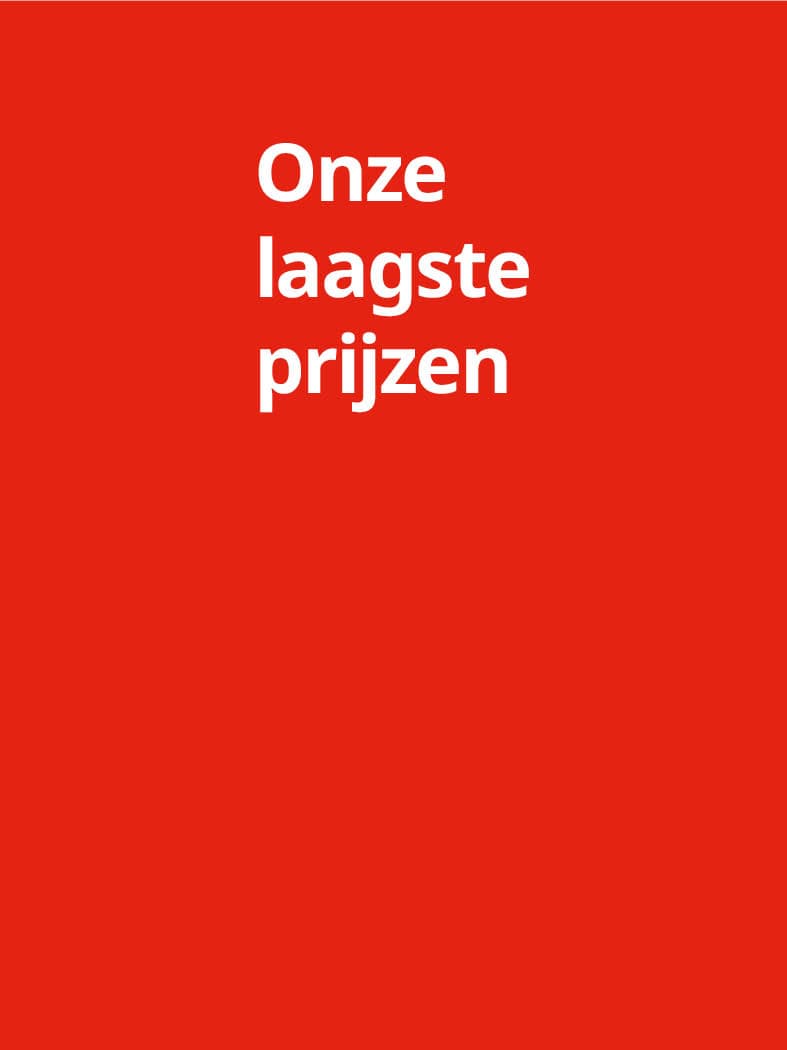 Rode promotiebanner met de witte tekst “Onze laagste prijzen”, gecentreerd op een effen rode achtergrond in een strak ontwerp.