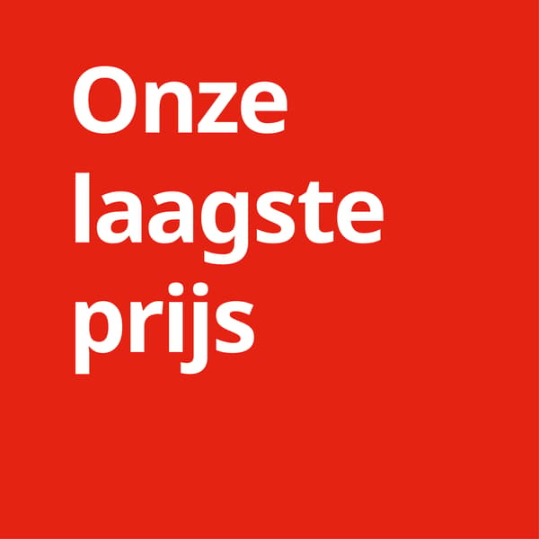 Rode promotiebanner met de witte tekst “Our lowest price”, gecentreerd op een effen rode achtergrond in een opvallend ontwerp.