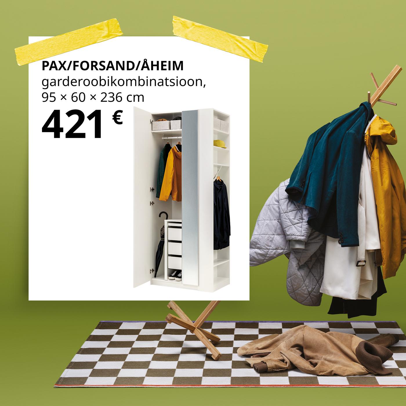 Rohelises ruudulise vaibaga esikus seisab riideid täis nagi, mis on liiga suure koormuse all ohtlikult viltu vajunud. Valge kleebis pakub lihtsat lahendust – PAX/FORSAND/ÅHEIM garderoobikombinatsiooni hinnaga 421 €, kus on kõige jaoks piisavalt ruumi.