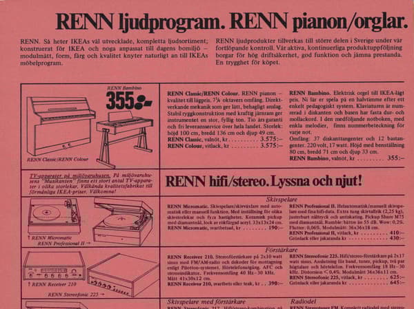 Rosa tidningsannons med illustrerat piano och vinylspelare på.