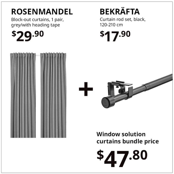 ROSENMANDEL block-out curtains + BEKFRAFTA curtain rod set as window solution curtain bundle