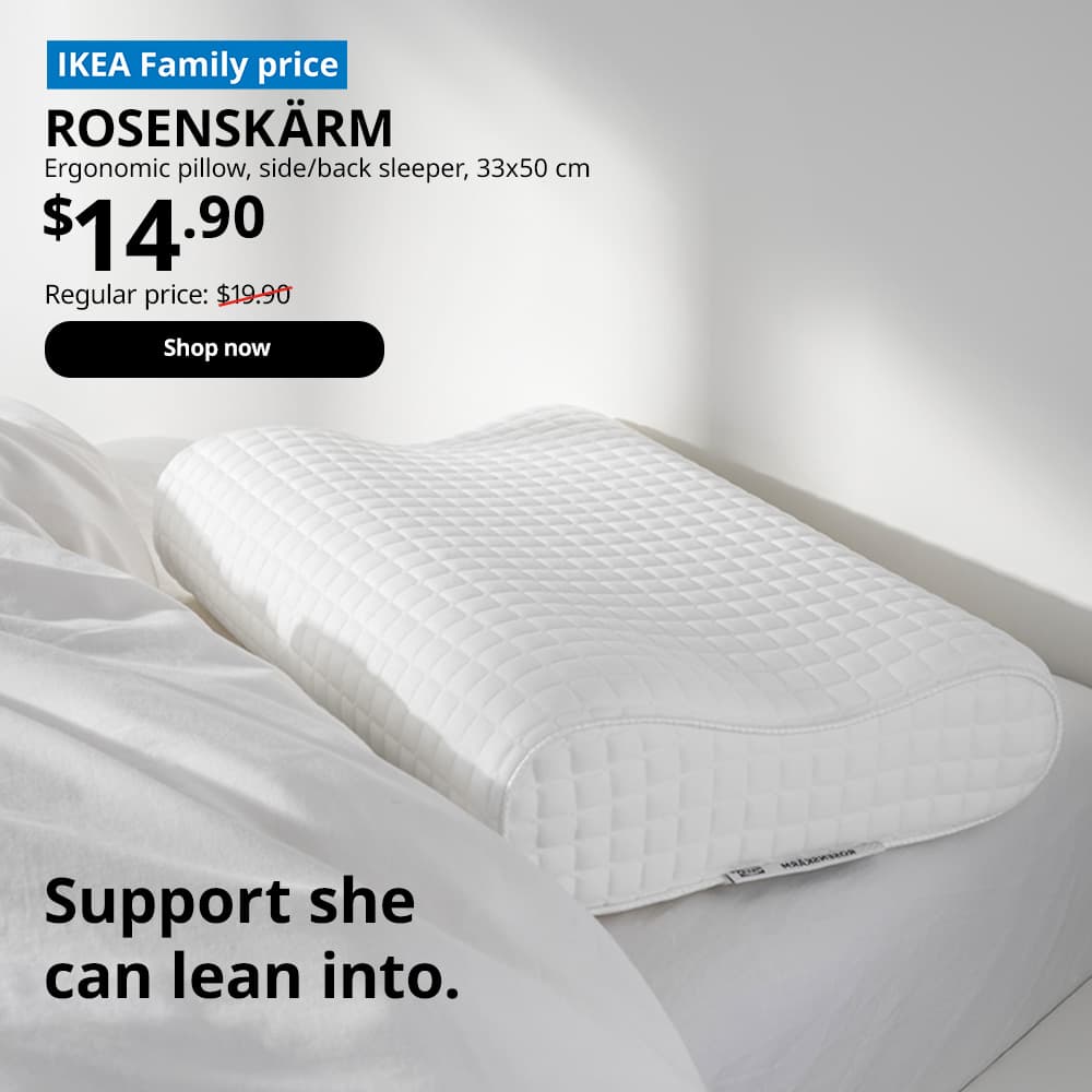 ROSENSKÄRM ergonomic pillow, side/back sleeper, 33x50 cm.  IKEA Family price: $19.90. Regular price: $14.90.