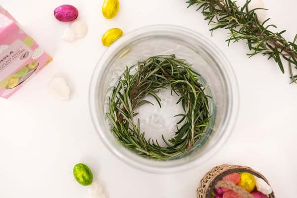 Rosmarin wird wie Ostergras in ein Glas gelegt. 