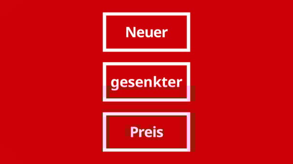 Rotes Werbebild mit weißem Text: „Neuer gesenkter Preis“ – in drei einzeln umrahmten Textfeldern auf rotem Hintergrund, typisches IKEA-Angebotsdesign.