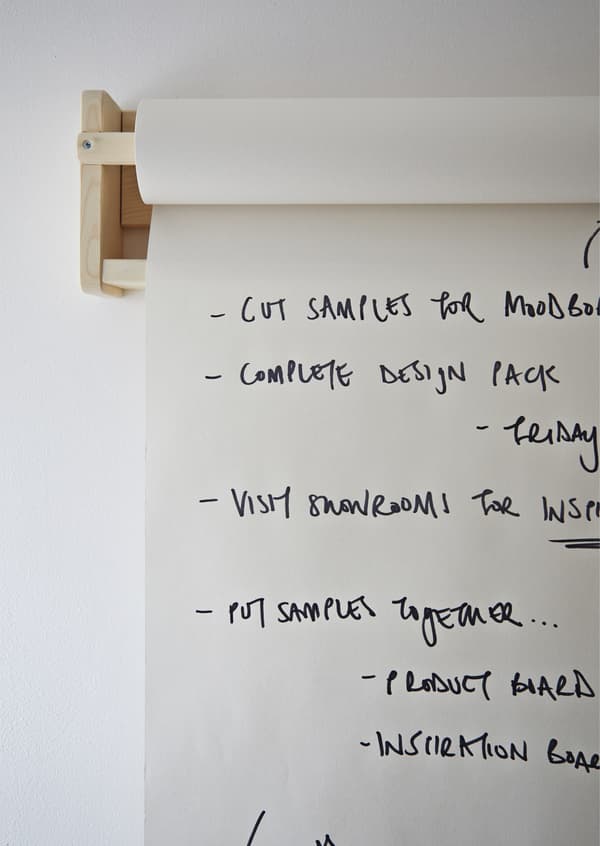Rouleau de papier fixé au mur avec des notes dessus.