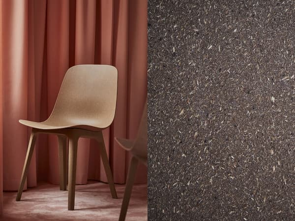  Rozdělená fotografie ukazující jídelní židli ODGER a detailní záběr na přírodní kompozitní materiál.