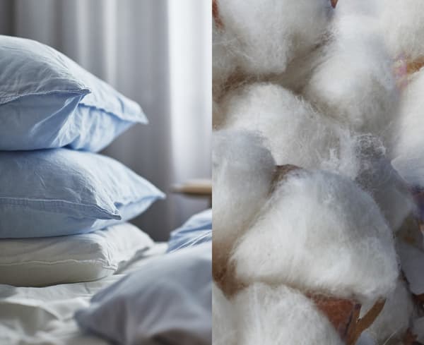 Rozdělená fotografie zobrazující kuličky z přírodní bavlny a povlaky na polštáře IKEA vyrobené z udržitelného bavlněného materiálu.