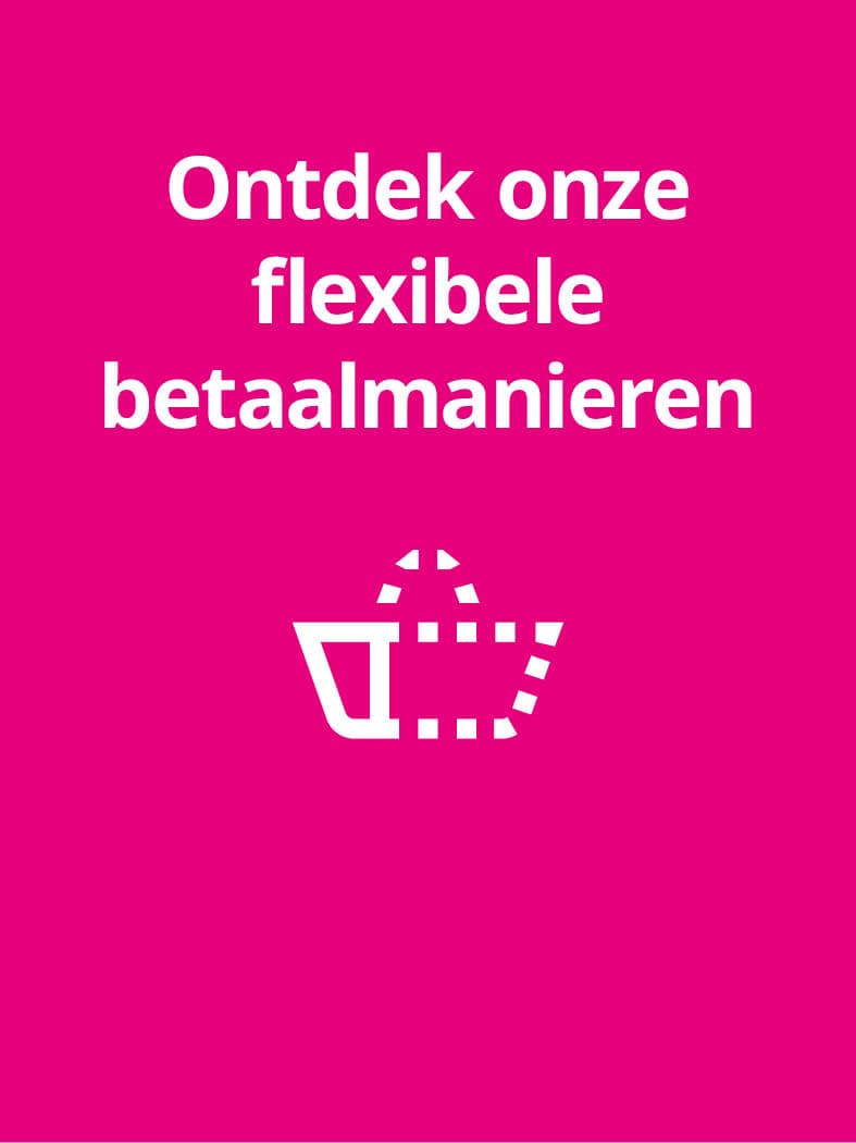 Roze promotiebanner met de witte tekst “Ontdek onze flexibele betaalmanieren” en een winkelwagenicoon op een effen achtergrond.