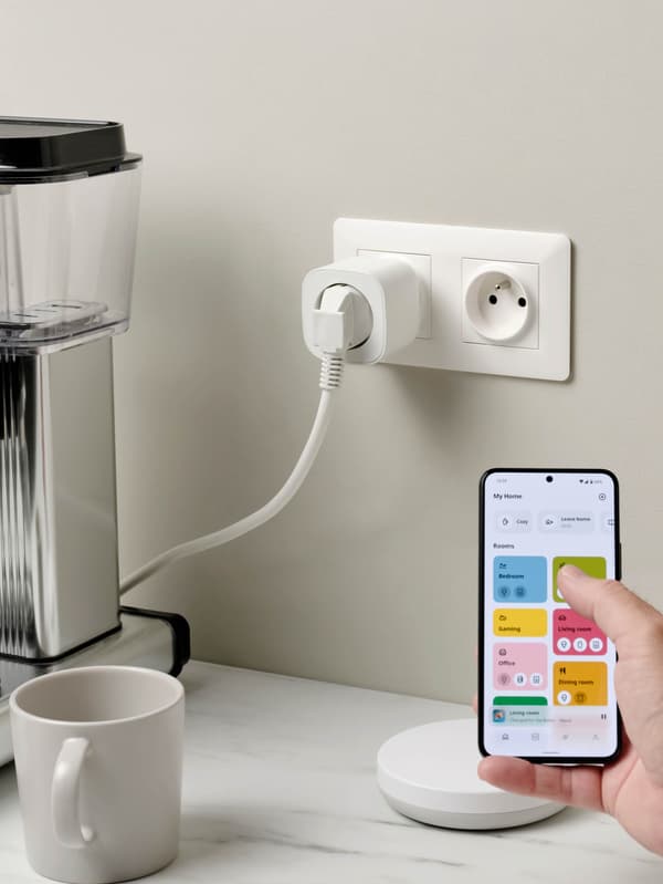 Ruka s mobilným telefónom ovláda inteligentnú zásuvku TRETAKT.