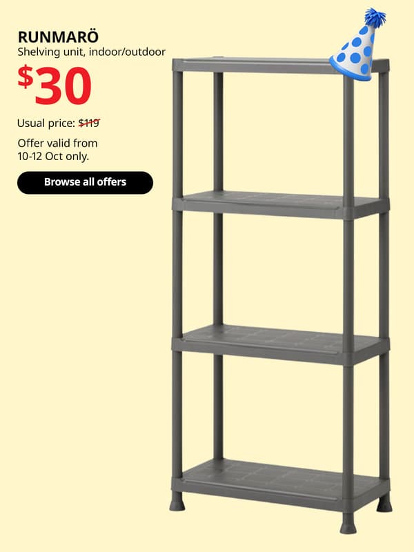 RUNMARÖ shelving unit, dark grey indoor/outdoor, 90x40x182 cm. 10.10 Offer price: $30. Usual price with red slash: $119. IKEA Alexandra birthday sale, 10.10 sale