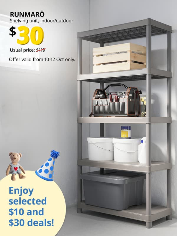 RUNMARÖ shelving unit, dark grey indoor/outdoor, 90x40x182 cm. 10.10 Offer price: $30. Usual price with red slash: $119. IKEA Alexandra birthday sale, 10.10 sale