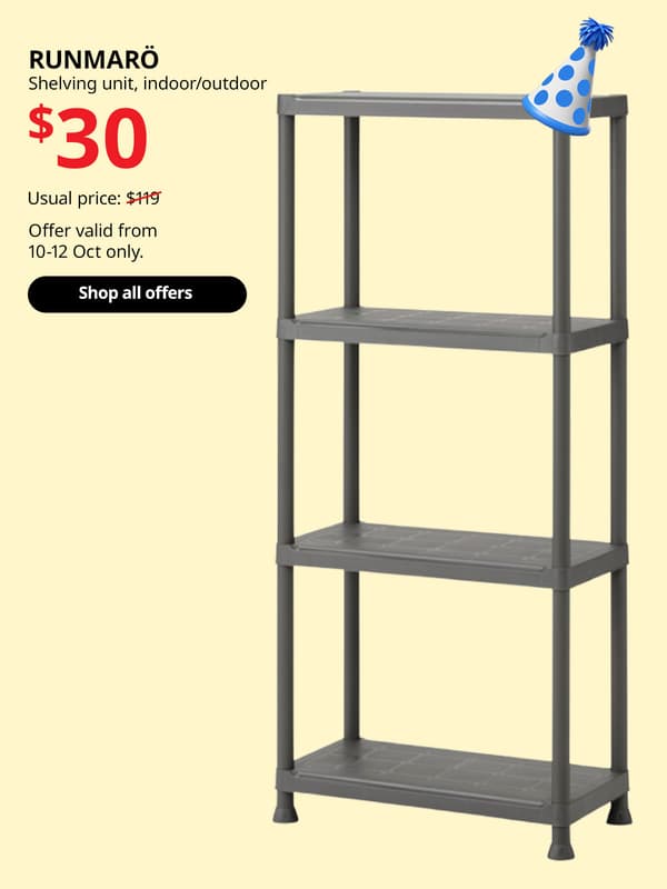 RUNMARÖ shelving unit, dark grey indoor/outdoor, 90x40x182 cm. 10.10 Offer price: $30. Usual price with red slash: $119. IKEA Alexandra birthday sale, 10.10 sale