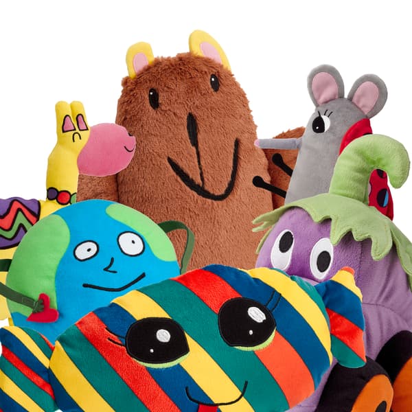 SAGOSKATT soft toys Globe man, Candy, Brown bear, Llama, Ladybug mouse and Eggplant car, close together.