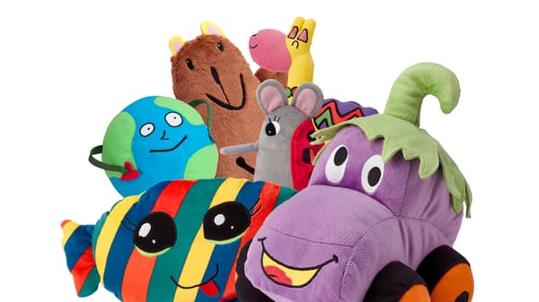 SAGOSKATT soft toys Globe man, Candy, Brown bear, Llama, Ladybug mouse and Eggplant car, close together.