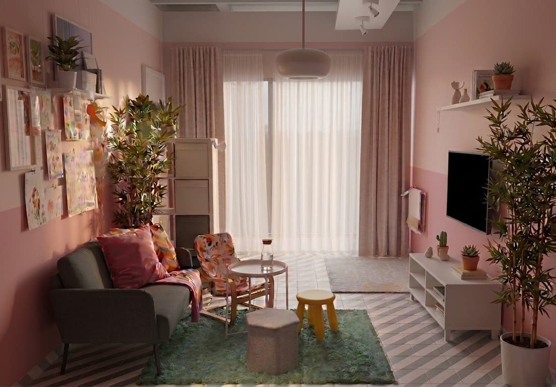 Sala con sillon, mueble de tv, sillon para niños