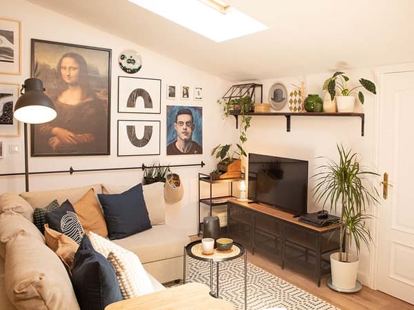 Sala després de la reforma, amb un moble per a la tele, un televisor, plantes, lleixes amb decoració, quadres, una taula, un sofà, coixins, un llum i una catifa.