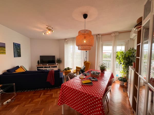 Sala d'un pis compartit abans de fer-ne la reforma. Prestatgeria, llum, taula coberta amb un hule, cadires, sofà, televisor, butaca, planta, porta a la terrassa amb cortines i quadres a la paret.