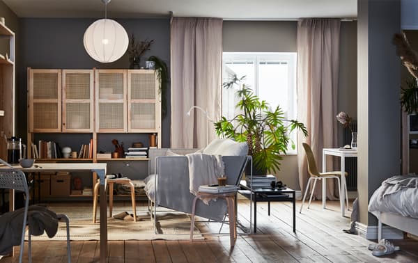 Sala pouco iluminada pelo sol com áreas para diferentes atividades, como estudar e descontrair, entre plantas e arrumação variada.