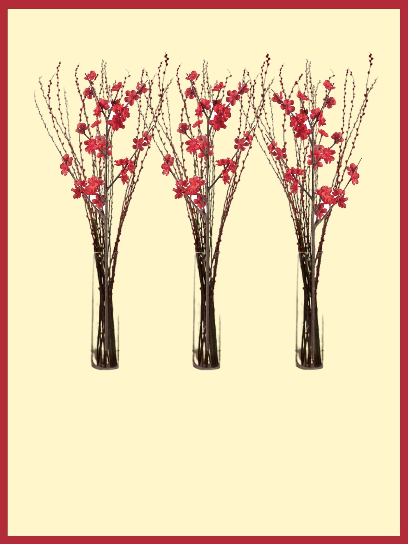 Salix caprea (pussy willows) in clear tall, transparent vases for Chinese New Year