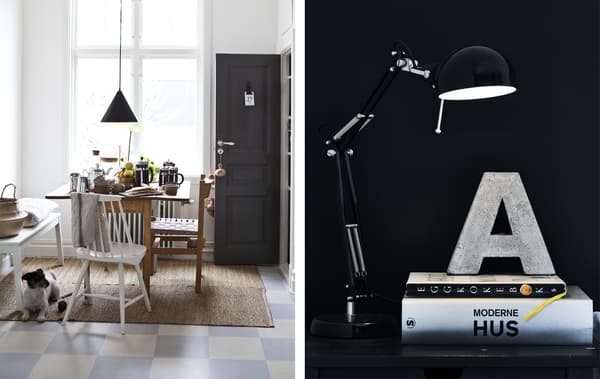 Salle à manger blanche et gros plan d’une lampe sur une table de chevet, sur fond de mur noir.