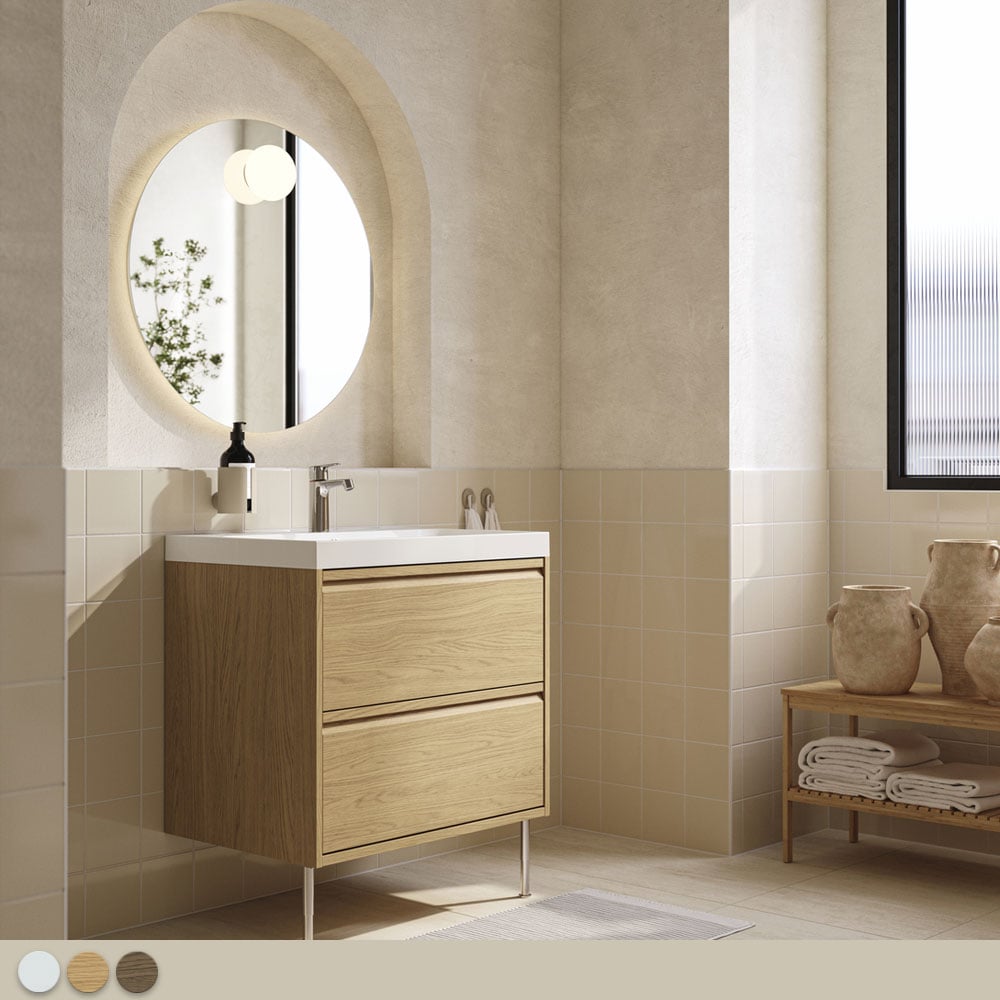 Salle de bain beige ANGSJÖN avec miroir rond