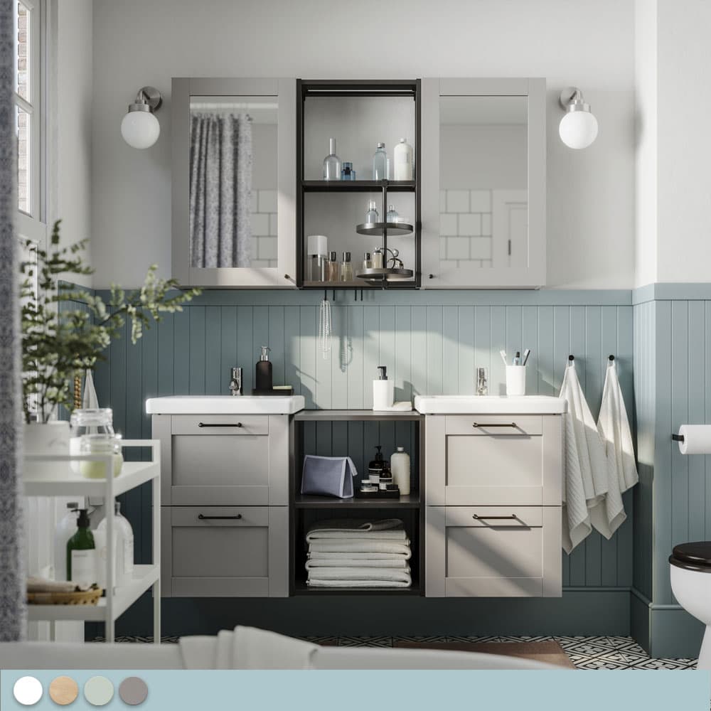 Salle de bain blanche et bleu avec un meuble de salle de bain blanc gris et noir.