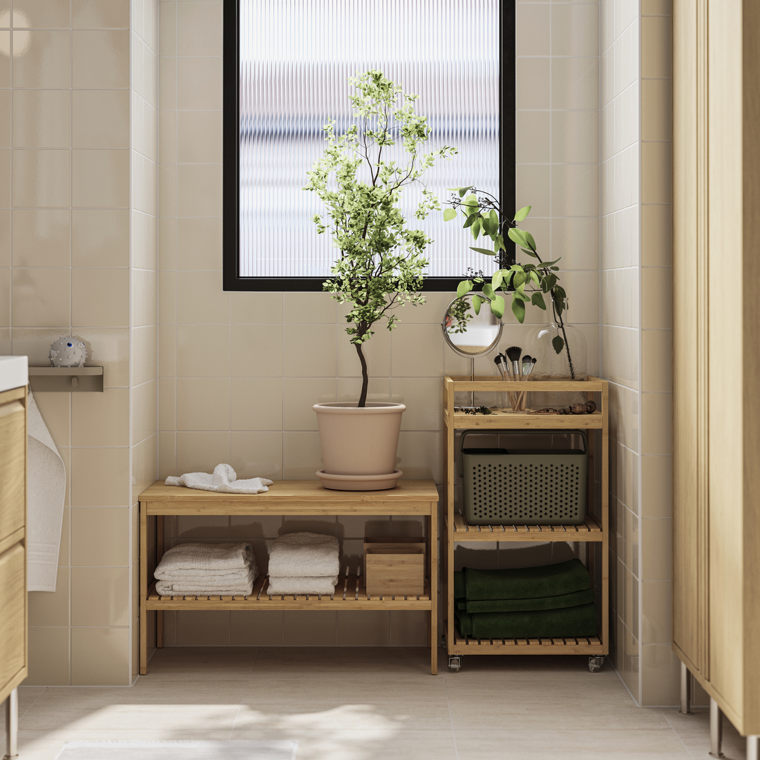 salle de bain en bois avec des plantes