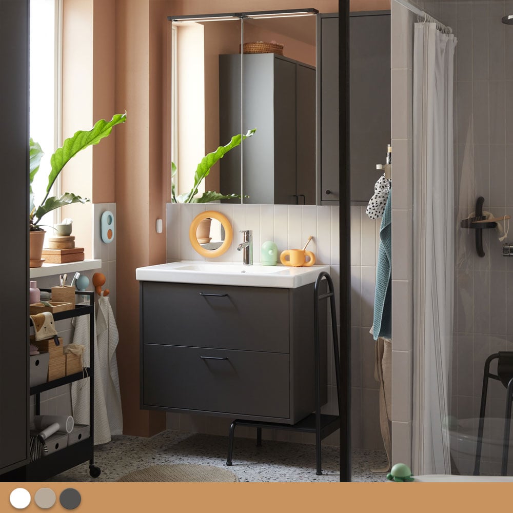 Salle de bain gris foncée HAVBÄCK avec lavabo blanc
