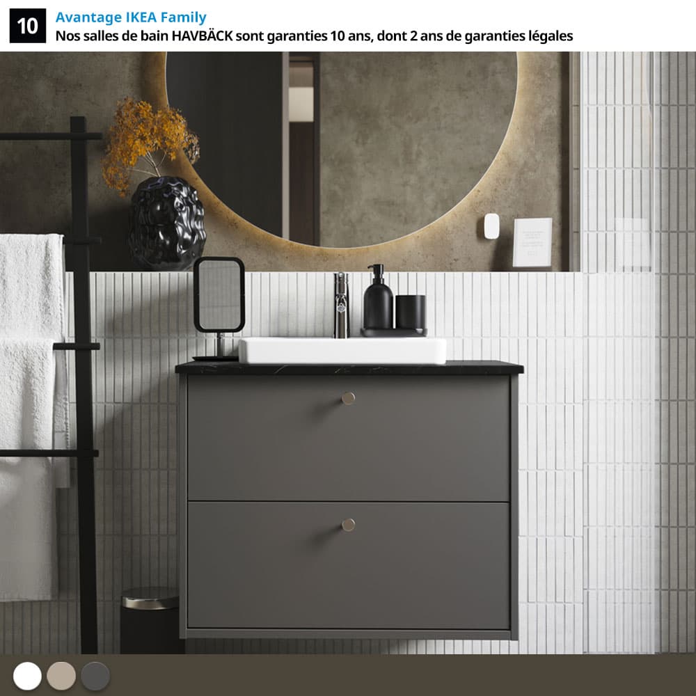 Salle de bain HAVBÄCK gris anthracite avec miroir rond lumineux