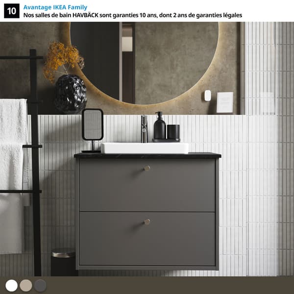 Salle de bain HAVBÄCK gris anthracite avec miroir rond lumineux