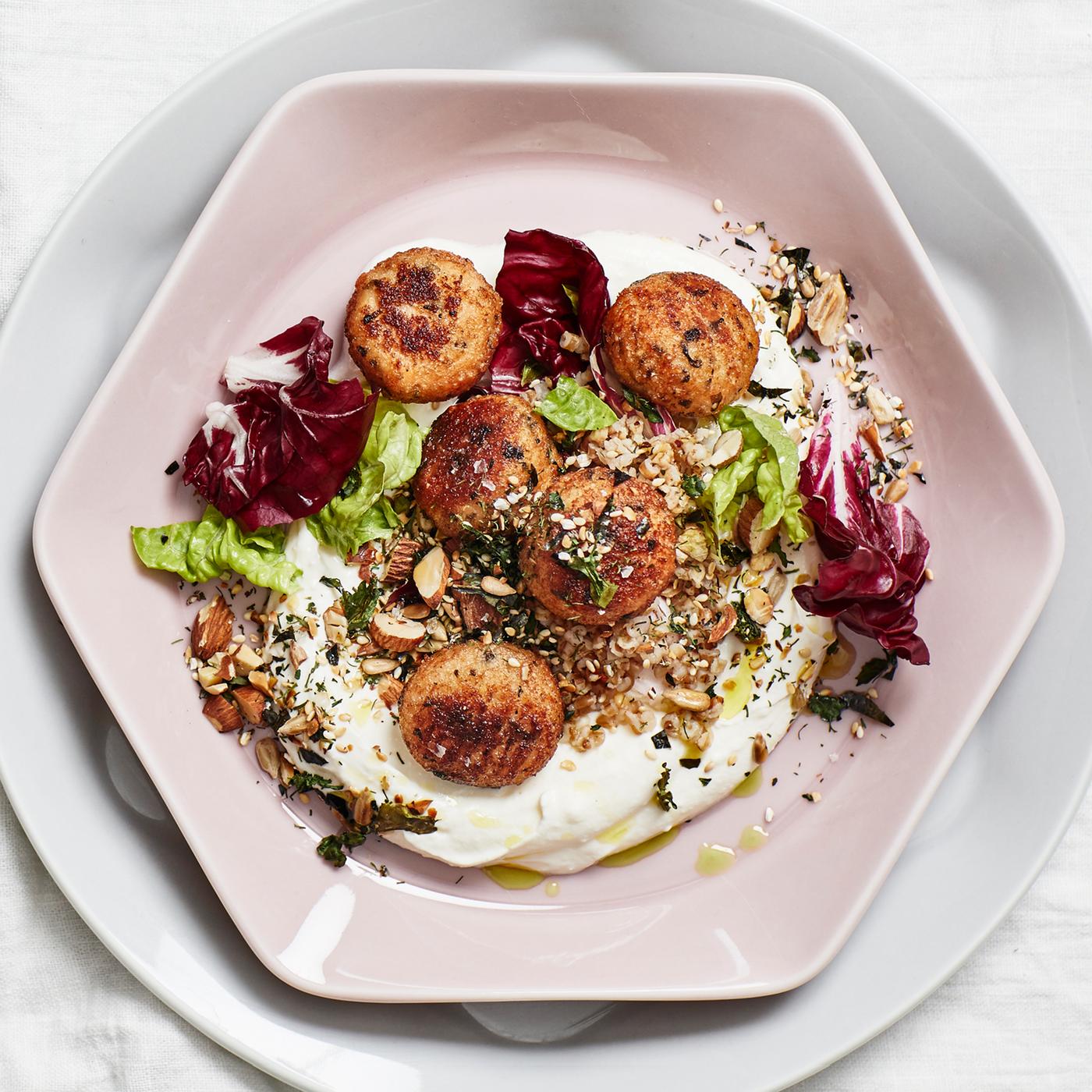 Salmon and cod balls with mixed grains and Nordic furikake.