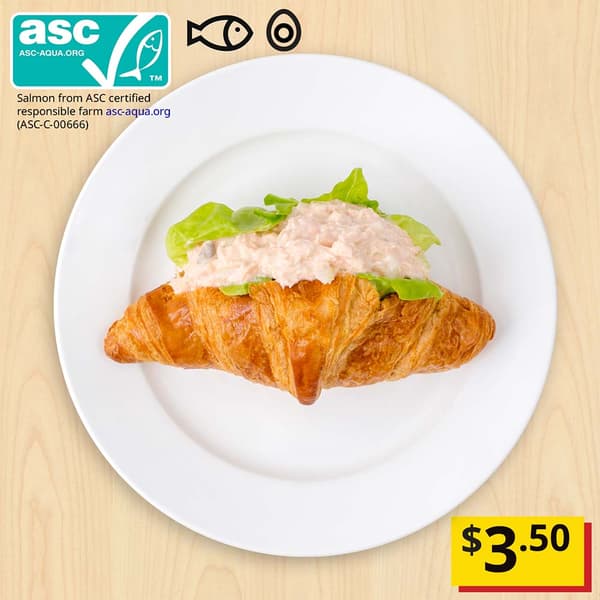 Salmon Croissant, with fish and egg food symbols, and Aquaculture Stewardship Certification (ASC-C-00666) at top left corner of thumbnail. Price: $3.50, tagged with Breath-taking item commercial message.