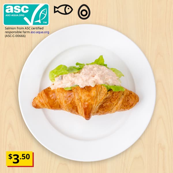 Salmon Croissant, with fish and egg food symbols, and Aquaculture Stewardship Certification (ASC-C-00666) at top left corner of thumbnail. Price: $3.50, tagged with Breath-taking item commercial message.
