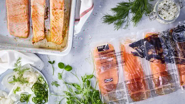 Salmon fillet sitting on countertop linking to the frozen salmon fillet product page