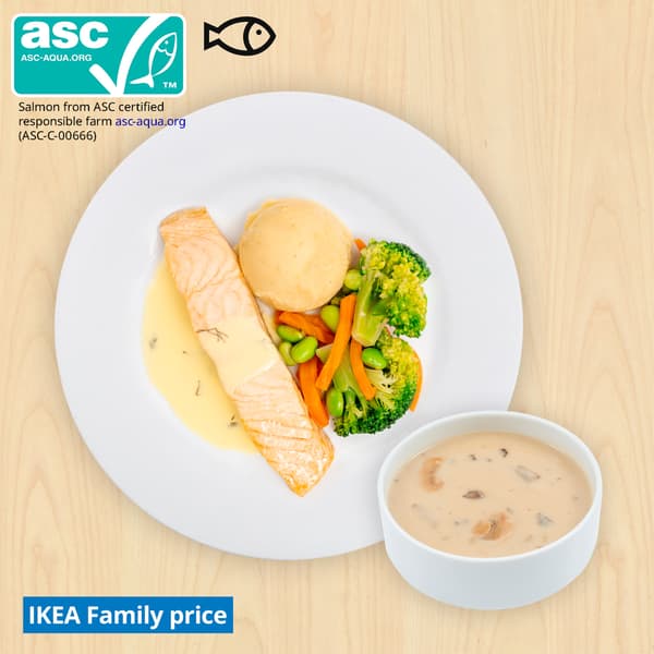 Salmon fillet with lemon dill sauce and mixed vegetable & mushroom soup, with fish and food symbols, and Aquaculture Stewardship Certification (ASC-C-00666) at top left corner of thumbnail. Blue tag with white text that reads 