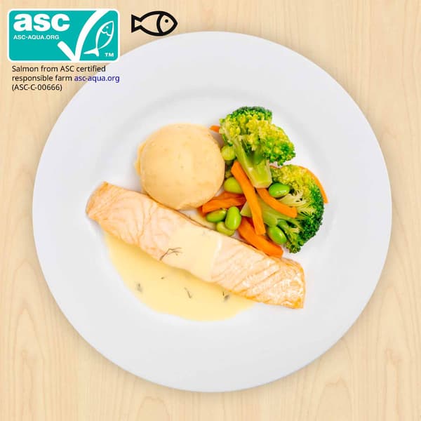 Salmon fillet with lemon dill sauce and mixed vegetable, with fish and food symbols, and Aquaculture Stewardship Certification (ASC-C-00666) at top left corner of thumbnail. 
