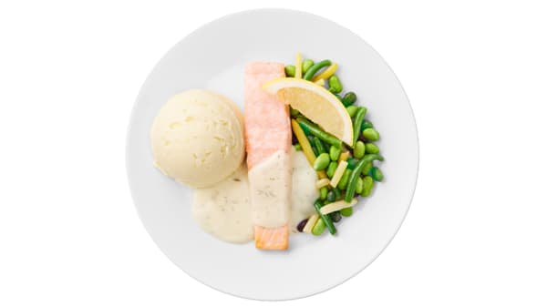 Salmon fillet with mashed potatoes, bean mix, lemon & dill sauce