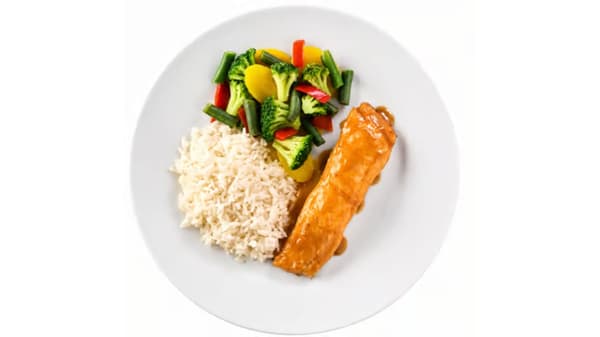 Salmon served with rice, veggies, and orange elderflower miso glaze