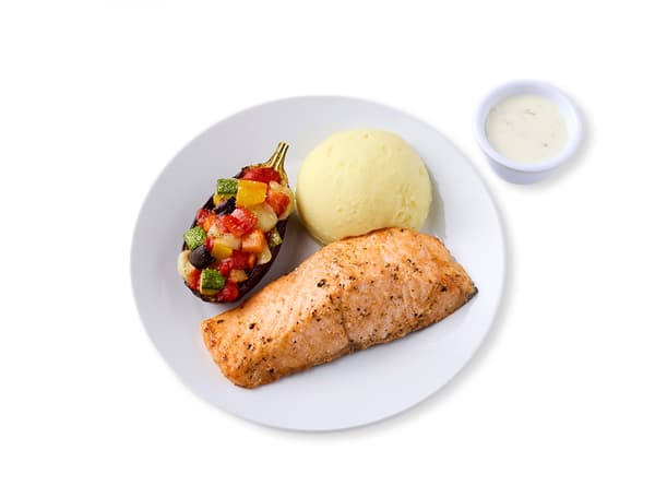 Salmon with eggplant ratatouille and ranch souce