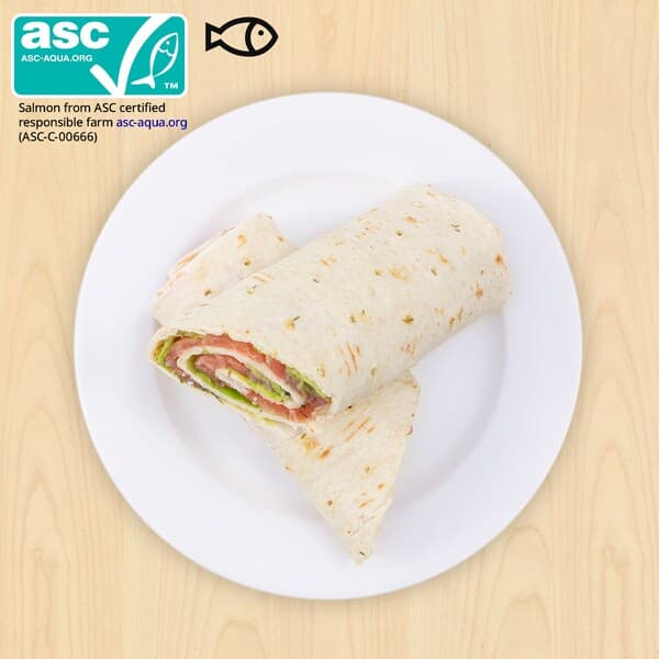 Salmon Wrap. Fish food symbol and Aquaculture Stewardship Council (ASC) food certificate (ASC-C-00666) at the top left corner of thumbnail