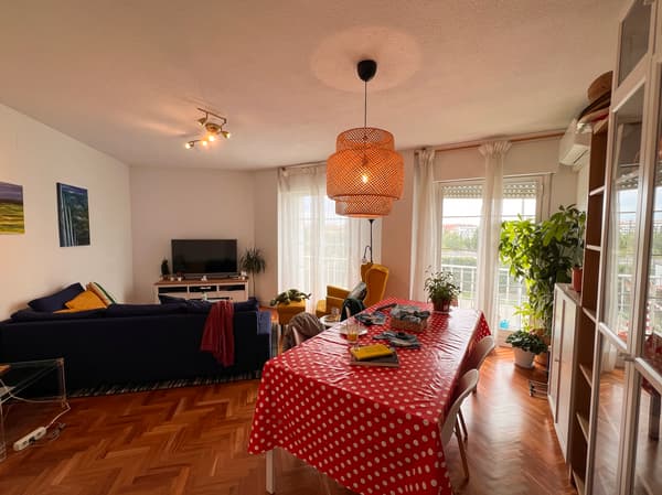 Salón de piso compartido antes de ser reformado. Estantería, lámpara, mesa cubierta por un hule, sillas, sofá, televisión, sillón, planta, puerta a terraza con cortinas y cuadros en la pared.