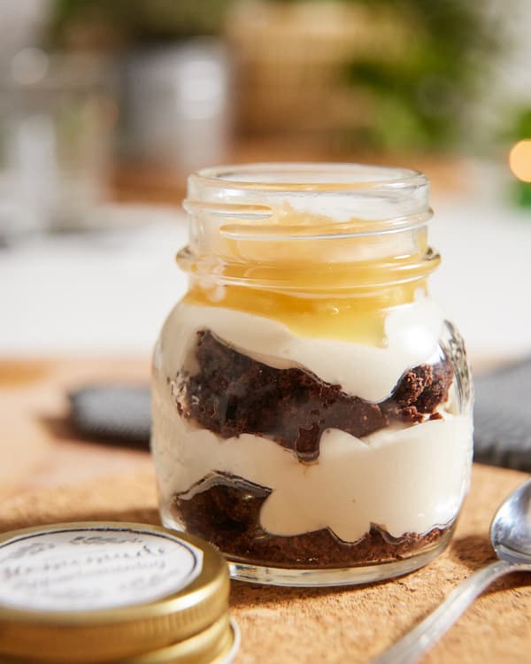 Salted chocolate crumble with caramelised pears and ricotta cream.