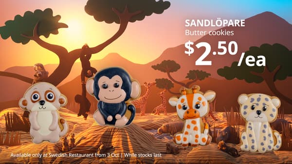 SANDLÖPARE cookies of meerkat, chimpanzee, giraffe and cheetah against savannah backdrop