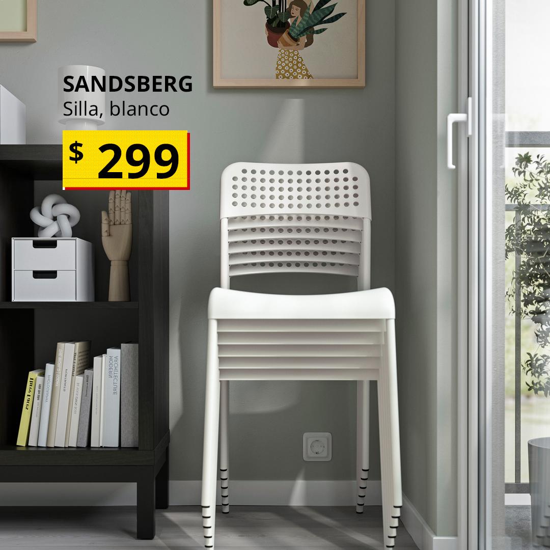 SANDSBERG silla blanca apilable de diseño moderno y minimalista, ideal para comedores, cocinas o espacios pequeños; ligera, funcional y fácil de almacenar, perfecta para optimizar espacio con estilo contemporáneo.
