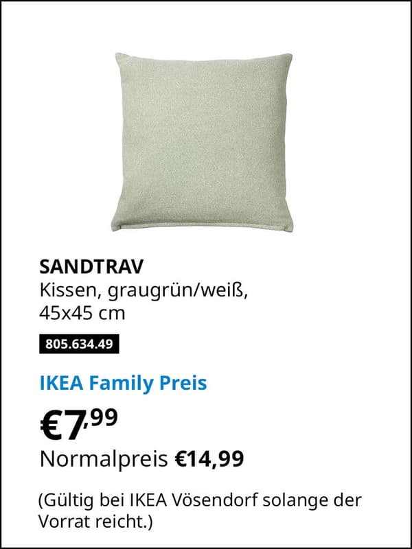 SANDTRAV Kissen, graugrün/weiß, 45x45 cm Artikelnummer 805.634.49 statt € 14,99 zum IKEA Family Preis von € 7,99 
