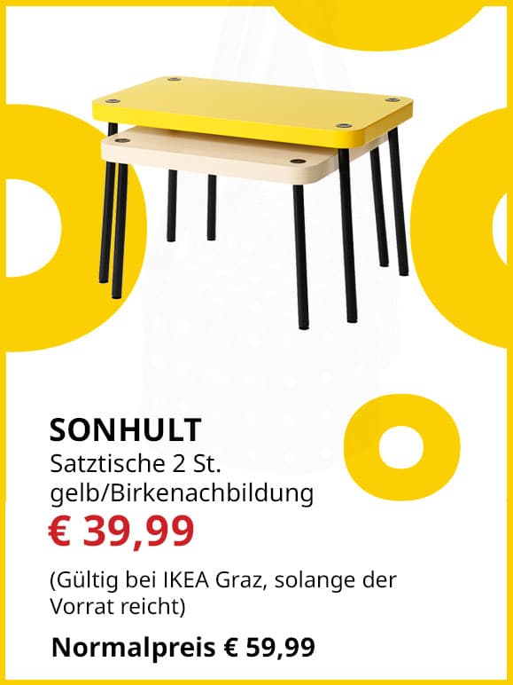 Satztische Sonhult, 2 Stück, gelb/ Birkennachbildung, statt € 59,99 um € 39,99.